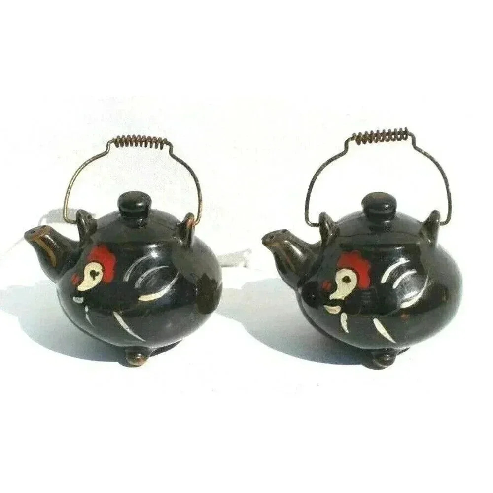 Vintage Redware Roosters Black Tea Pot Salt & Pepper Shakers Kettle Hand Painted